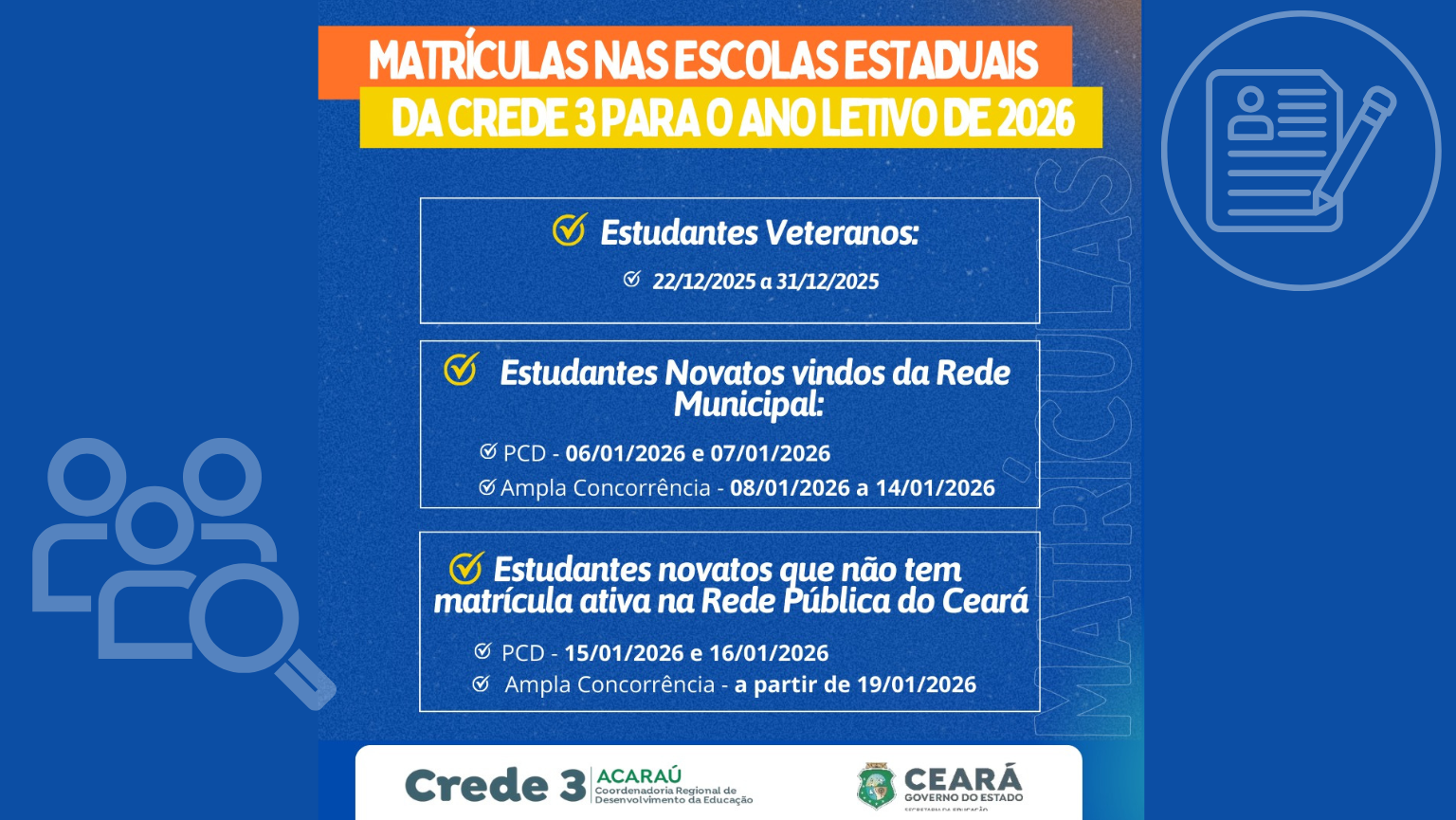 CREDE 3 divulga calendário para início das matrículas para o ano letivo de 2026